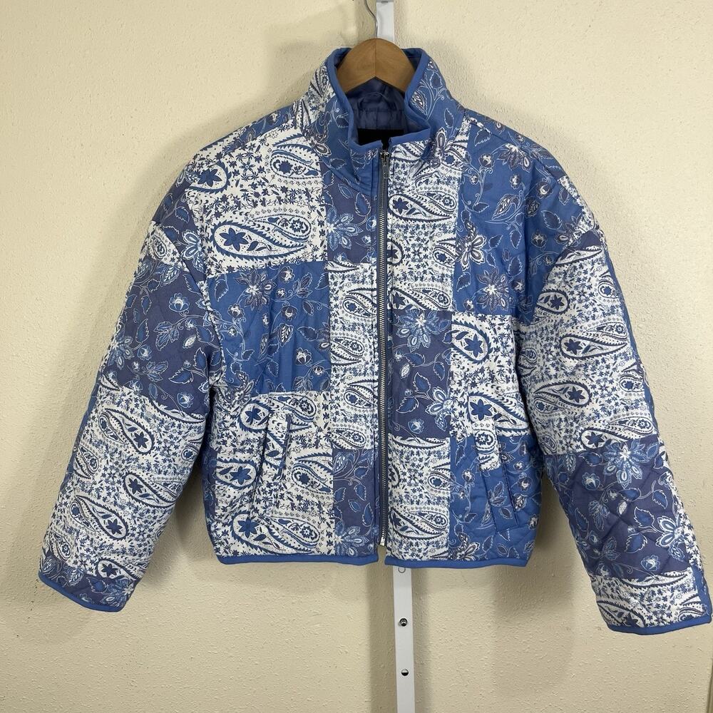 7 For All Mankind Blue Paisley Patchwork Puffer Jacket Womens Small Quilted Crop